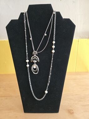 Silver Pearl Accent Multi-Layer Necklace - Women's Fashion Jewelry
